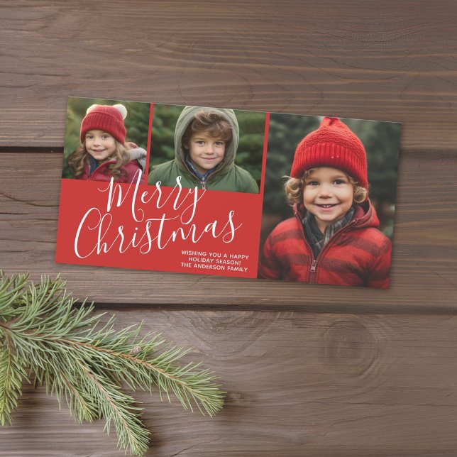 Cartes Pour Fêtes Annuelles Joyeux Noël moderne 3 photo peut changer rouge (Add 3 photos to this classic photo card with a Christmas script font.)