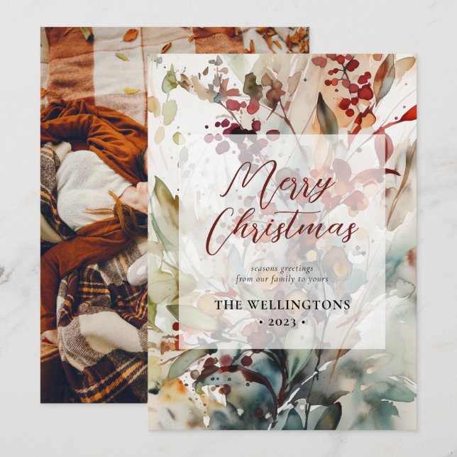 Cartes Pour Fêtes Annuelles Joyeux Noël Moderne Aquarelle Botanique Photo (Devant / Derrière)