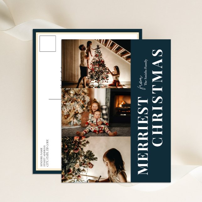 Cartes Pour Fêtes Annuelles Joyeux Noël moderne bleu Script 3 Photo (Créateur téléchargé)