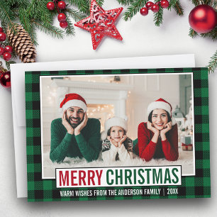Cartes Pour Fêtes Annuelles Joyeux Noël moderne Famille Photo Vert Plaid