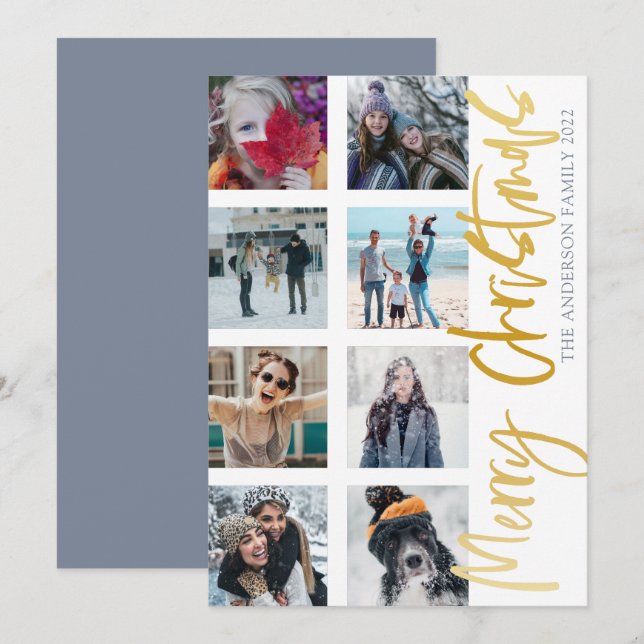 Cartes Pour Fêtes Annuelles Joyeux Noël moderne Gold Script 8 Photo Collage (Devant / Derrière)