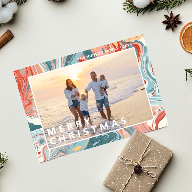 Cartes Pour Fêtes Annuelles Joyeux Noël Moderne Marbre Liquide Vacances Photo (Créateur téléchargé)