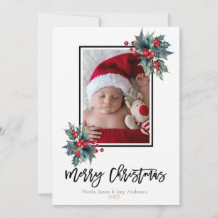 Cartes Pour Fêtes Annuelles Joyeux Noël Moderne Photo Baies de Houx & Rayures