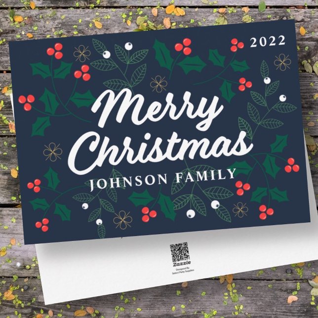 Cartes Pour Fêtes Annuelles Joyeux Noël moderne Red Holly Berries Foliing (Créateur téléchargé)