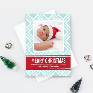 Cartes Pour Fêtes Annuelles Joyeux Noël Moderne Rouge et Bleu Ikat Photo