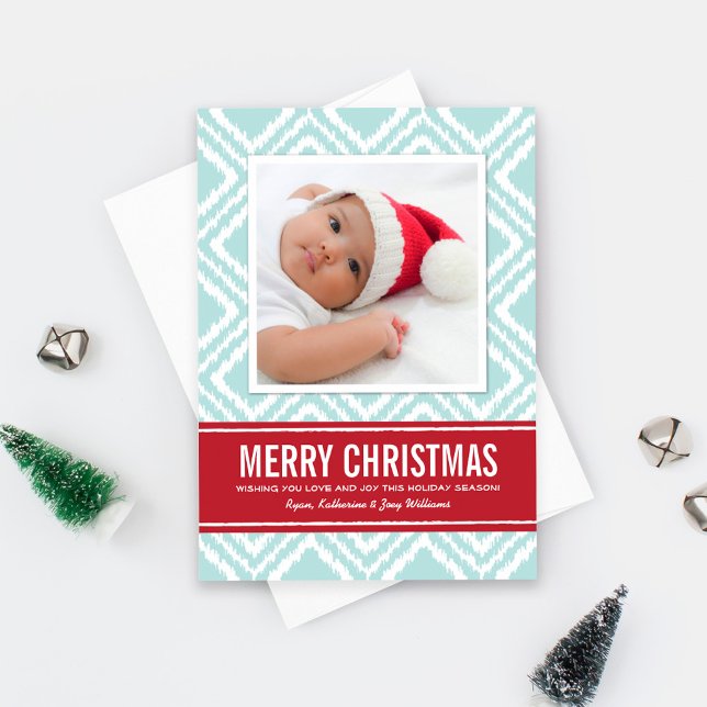 Cartes Pour Fêtes Annuelles Joyeux Noël Moderne Rouge et Bleu Ikat Photo (Créateur téléchargé)