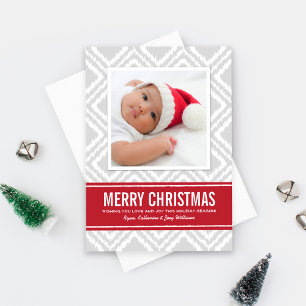 Cartes Pour Fêtes Annuelles Joyeux Noël moderne Rouge et gris Ikat Photo