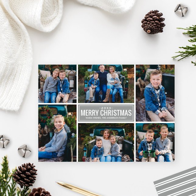 Cartes Pour Fêtes Annuelles Joyeux Noël moderne Silver Photo Collage (Créateur téléchargé)