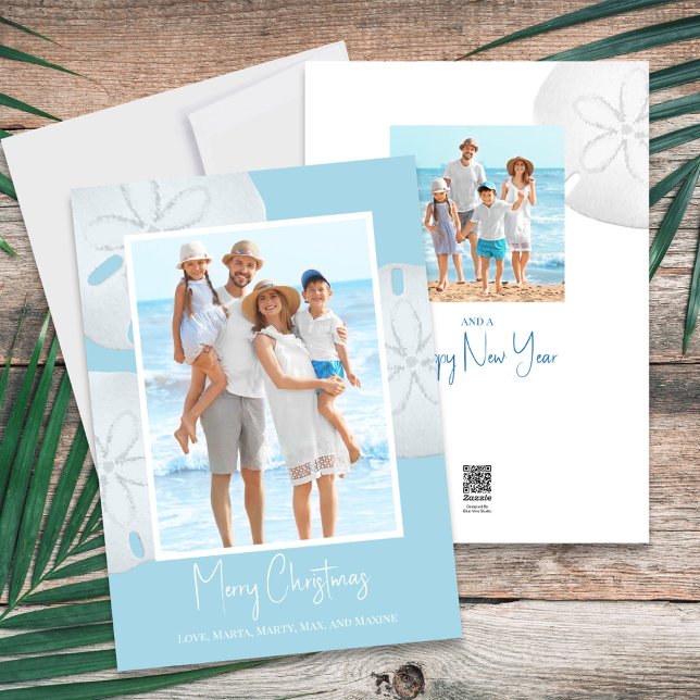 Cartes Pour Fêtes Annuelles Joyeux Noël Moderne Simple Bleu Dollar (Christmas Holiday Tropical Blue Beach Photo Card with a two-photo template.)