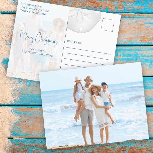 Cartes Pour Fêtes Annuelles Joyeux Noël Moderne Simple Bleu Dollar (Holiday Christmas Sand Dollar Beach Typography Postcard.)