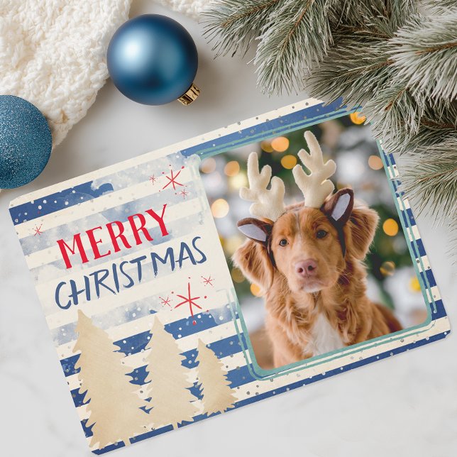 Cartes Pour Fêtes Annuelles Joyeux Noël moderne vacances photo (Modern Blue Stripes Photo Christmas Card)