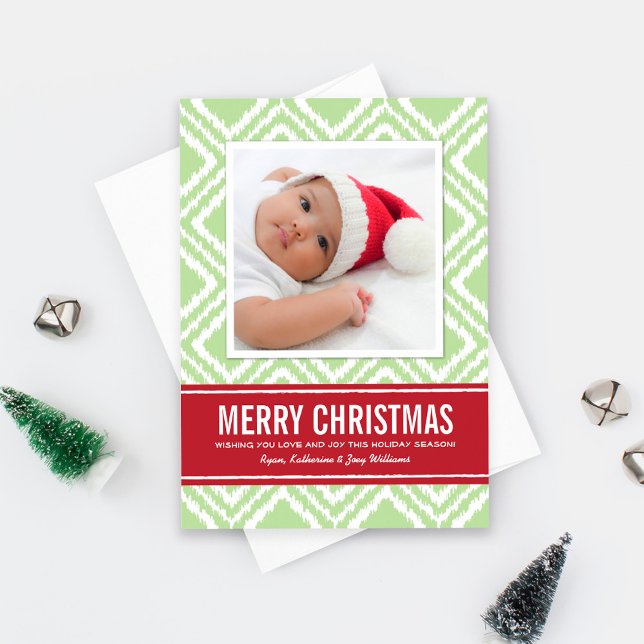 Cartes Pour Fêtes Annuelles Joyeux Noël Moderne Vert et Rouge Ikat Photo (Créateur téléchargé)