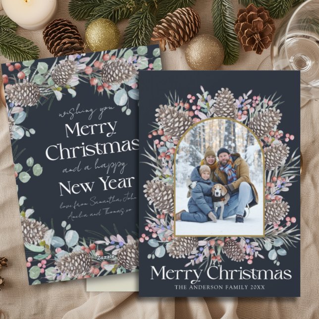 Cartes Pour Fêtes Annuelles Joyeux Noël moderne Wreath Botanique & Photo (Créateur téléchargé)