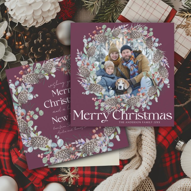 Cartes Pour Fêtes Annuelles Joyeux Noël moderne Wreath Botanique & Photo (Créateur téléchargé)