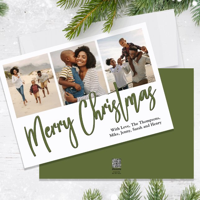 Cartes Pour Fêtes Annuelles Joyeux Noël Multi Photo Green Calligraphie (Merry Christmas holiday photo card with a calligraphy script and forest green design. )