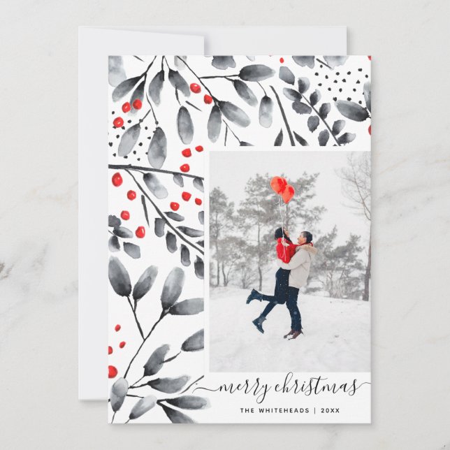 Cartes Pour Fêtes Annuelles Joyeux Noël Noir Aquarelle Rouge Photo moderne (Devant)
