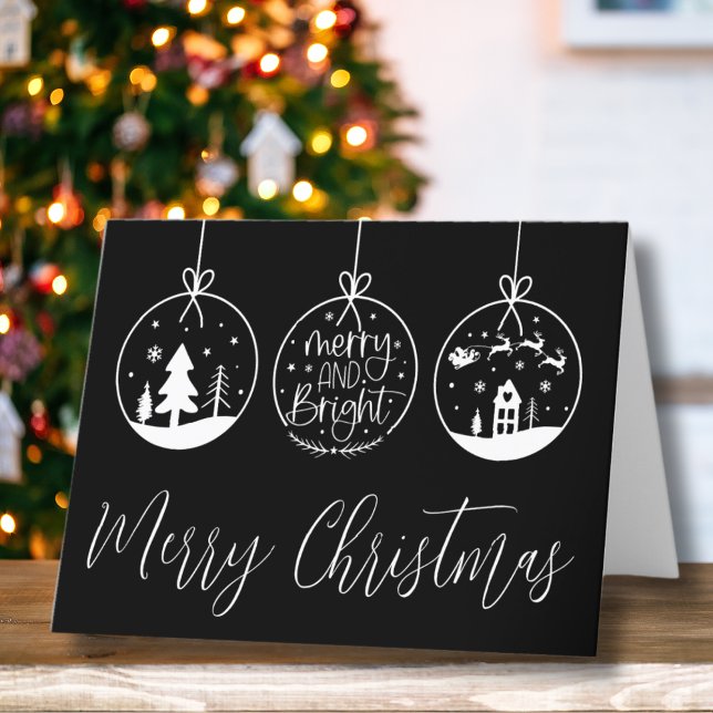 Cartes Pour Fêtes Annuelles Joyeux Noël noir blanc moderne (Modern Black Merry Bright Script Merry Christmas Holiday Card)