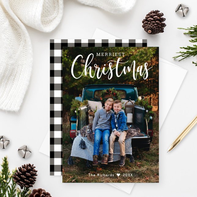 Cartes Pour Fêtes Annuelles Joyeux Noël noir Buffle Plaid Photo (Créateur téléchargé)