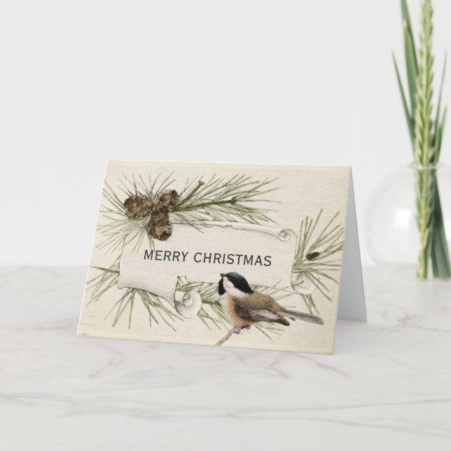Cartes Pour Fêtes Annuelles Joyeux Noël Oiseau Mesange Cône de Pin Parchemin (Devant)