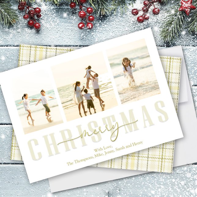 Cartes Pour Fêtes Annuelles Joyeux Noël Or Élégante Calligraphie Plaid (Merry Christmas gold calligraphy and modern block typography photo card)