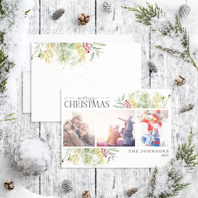 Cartes Pour Fêtes Annuelles Joyeux Noël Or hiver Botanique Photo Vacances (Créateur téléchargé)