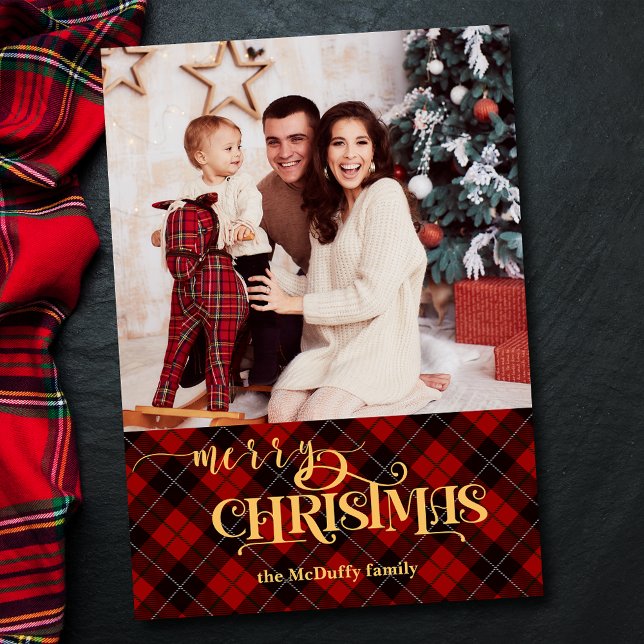 Cartes Pour Fêtes Annuelles Joyeux Noël or sur Red Tartan Photo (Créateur téléchargé)