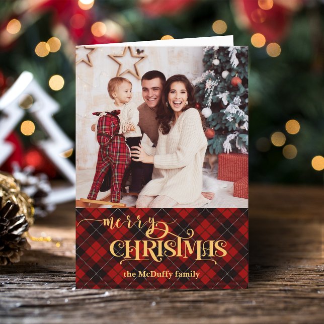 Cartes Pour Fêtes Annuelles Joyeux Noël or sur Red Tartan Photo (Créateur téléchargé)