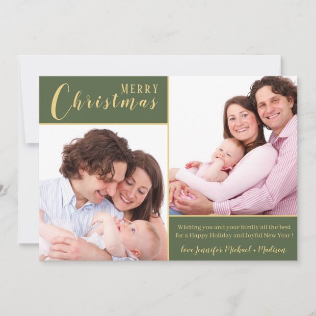 Cartes Pour Fêtes Annuelles Joyeux Noël|Or vert|2 Photo (Devant)
