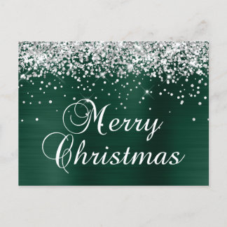 Cartes Pour Fêtes Annuelles Joyeux Noël Paillettes Argent Feuille de Pin Vert