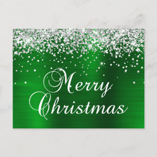 Cartes Pour Fêtes Annuelles Joyeux Noël Paillettes Argentées Feuille Verte