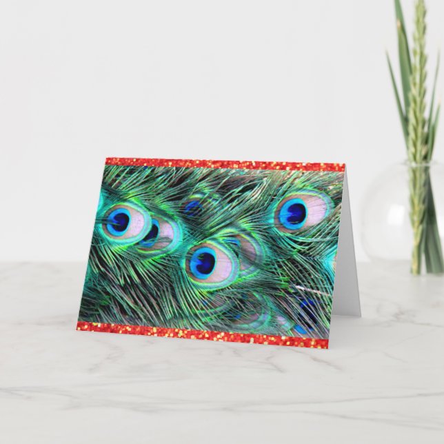 Cartes Pour Fêtes Annuelles Joyeux Noël Paon et Parties scintillant rouge (Devant)