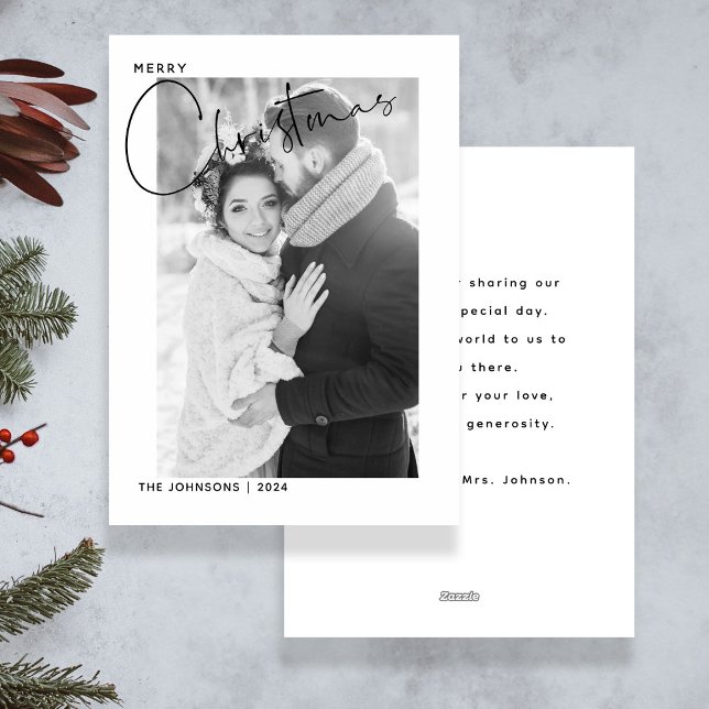 Cartes Pour Fêtes Annuelles Joyeux Noël Papier à main photo Premier Noël (Easily personalize this card with any favorite wedding photo, your personal message and name)