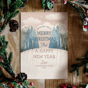 Cartes Pour Fêtes Annuelles Joyeux Noël. Paysage boisé d'hiver rose