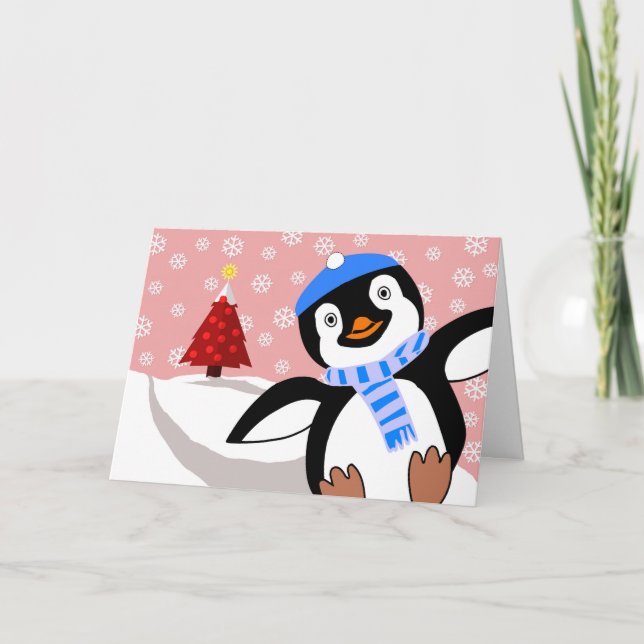 Cartes Pour Fêtes Annuelles Joyeux Noël, Penguin Sliding Downhill (Devant)