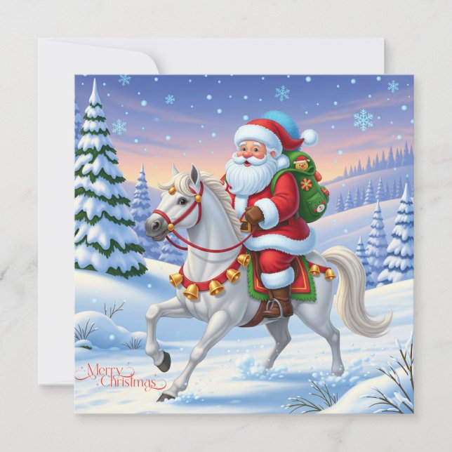 Cartes Pour Fêtes Annuelles Joyeux Noël Père Noël à cheval blanc (Devant)