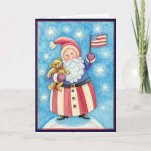 Cartes Pour Fêtes Annuelles Joyeux Noël, Père Noël patriotique avec drapeau