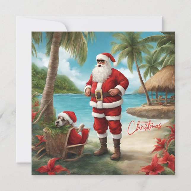 Cartes Pour Fêtes Annuelles Joyeux Noël Père Noël sur l'île tropicale (Devant)