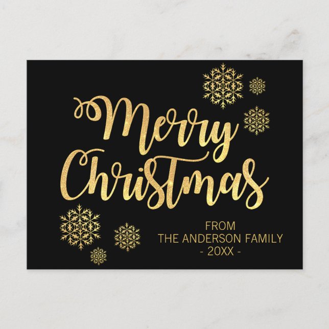 Cartes Pour Fêtes Annuelles Joyeux Noël personnalisé Paillettes noires et or (Devant)