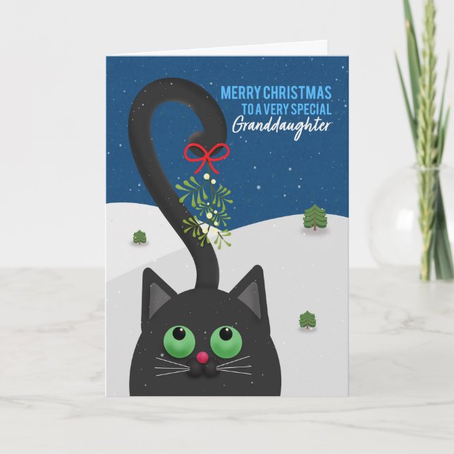 Cartes Pour Fêtes Annuelles Joyeux Noël Petite-Fille Chat Avec Gui (Devant)