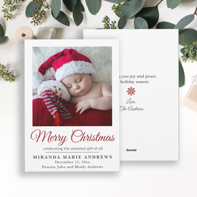 Cartes Pour Fêtes Annuelles Joyeux Noël photo (Elegant "Merry Christmas" baby announcement photo card)
