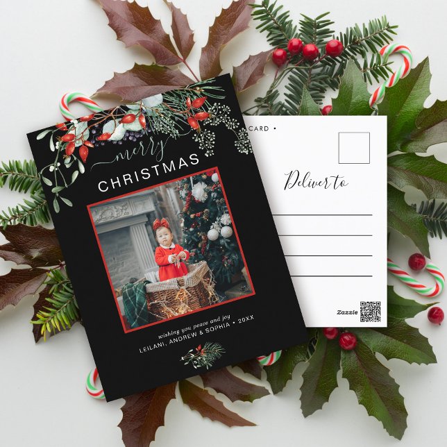 Cartes Pour Fêtes Annuelles Joyeux Noël Photo Aquarelle Noir (You will love these beautiful Christmas cards! They feature botanical watercolor pine and berries.)