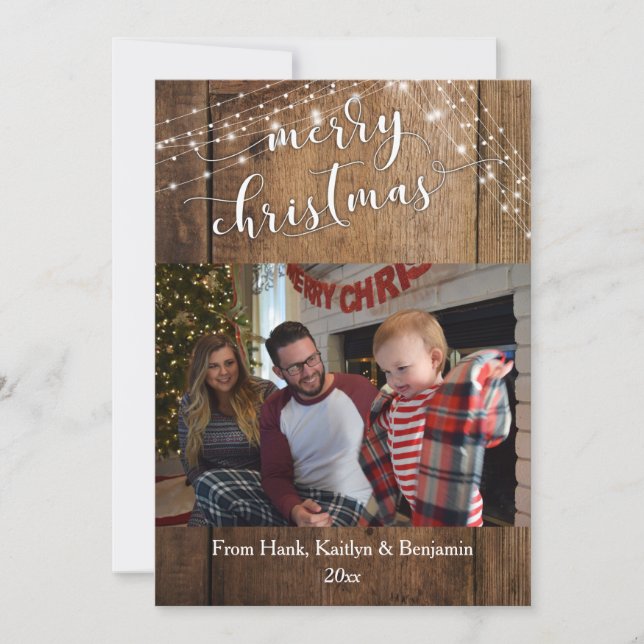 Cartes Pour Fêtes Annuelles Joyeux Noël photo avec/ Bois rustique & Lumières (Devant)