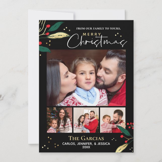 Cartes Pour Fêtes Annuelles Joyeux Noël Photo Black Red Gold Vert (Devant)
