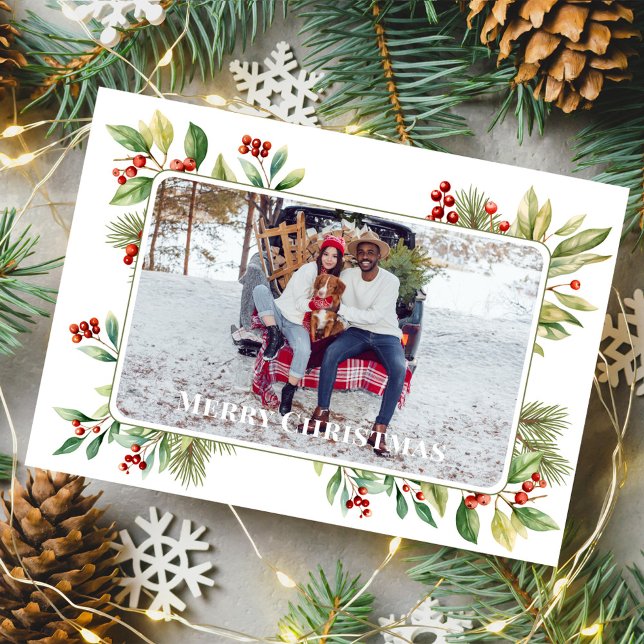Cartes Pour Fêtes Annuelles Joyeux Noël Photo Botanique Holly Greenery (Celebrate the Holidays in style with a watercolor greenery photo card.  )
