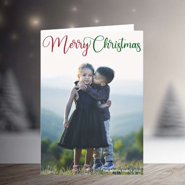 Cartes Pour Fêtes Annuelles Joyeux Noël Photo Chic Rouge Vert Plié (Créateur téléchargé)