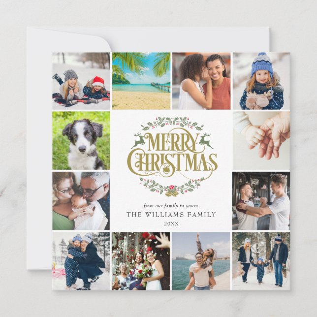 Cartes Pour Fêtes Annuelles Joyeux Noël Photo Collage Gold Script (Devant)