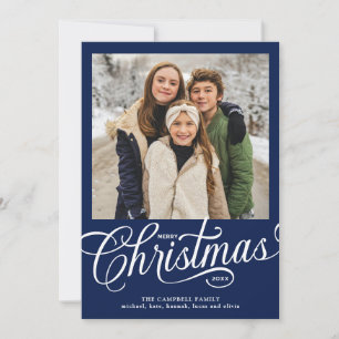 Cartes Pour Fêtes Annuelles Joyeux Noël Photo de famille en écriture bleue