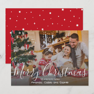 Cartes Pour Fêtes Annuelles Joyeux Noël Photo de Famille Simple Étoiles Rouges