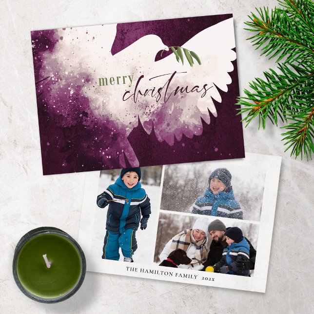 Cartes Pour Fêtes Annuelles Joyeux Noël Photo Dove Magenta Green (Créateur téléchargé)