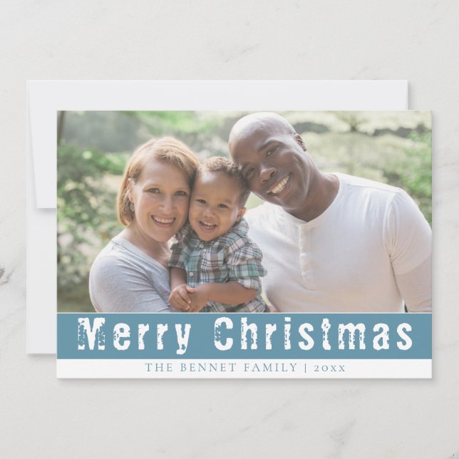 Cartes Pour Fêtes Annuelles Joyeux Noël Photo famille bleue (Devant)